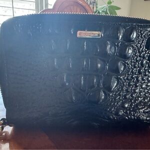 Brahmin Black Croc-Embossed Zip Wristlet with Gold Hardware